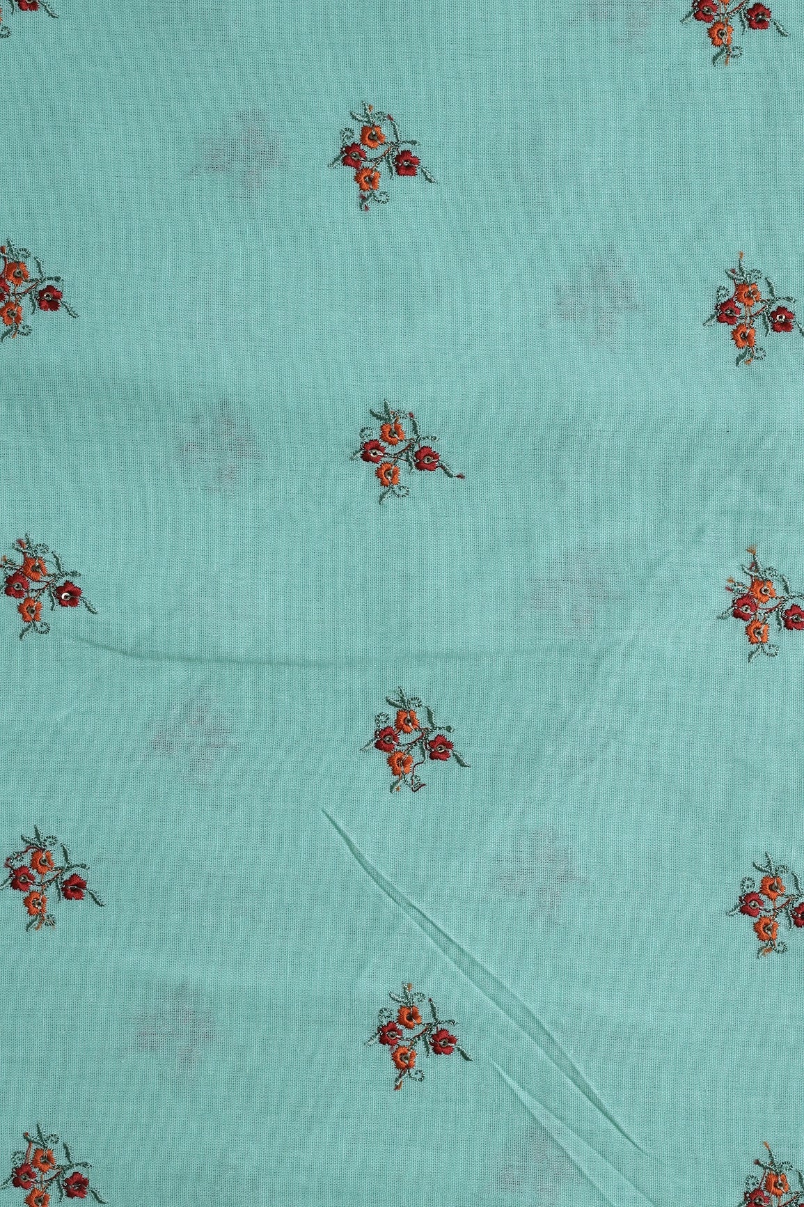 Multi Thread With Gold Sequins Floral Booti Embroidery Work On Sea Green Pure Cotton Fabric - doeraa