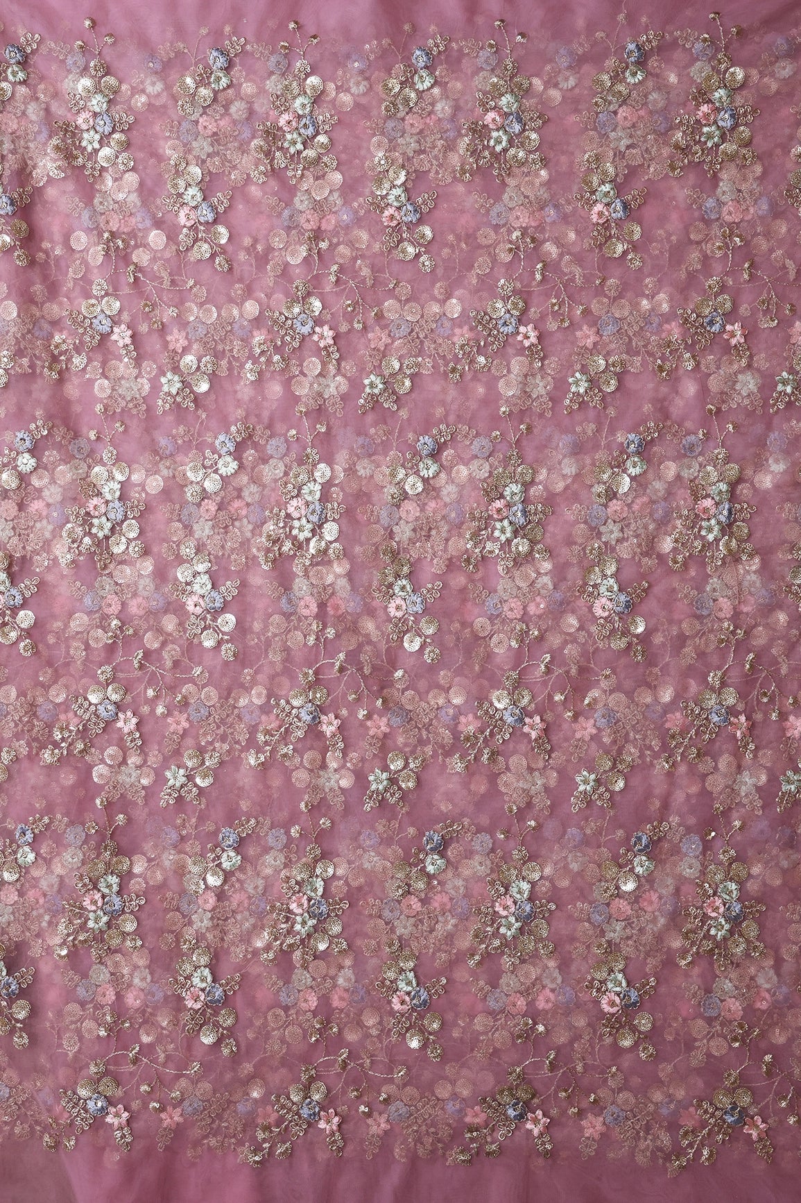 Multi Thread With Gold Sequins Floral Embroidery On Baby Pink Soft Net Fabric - doeraa