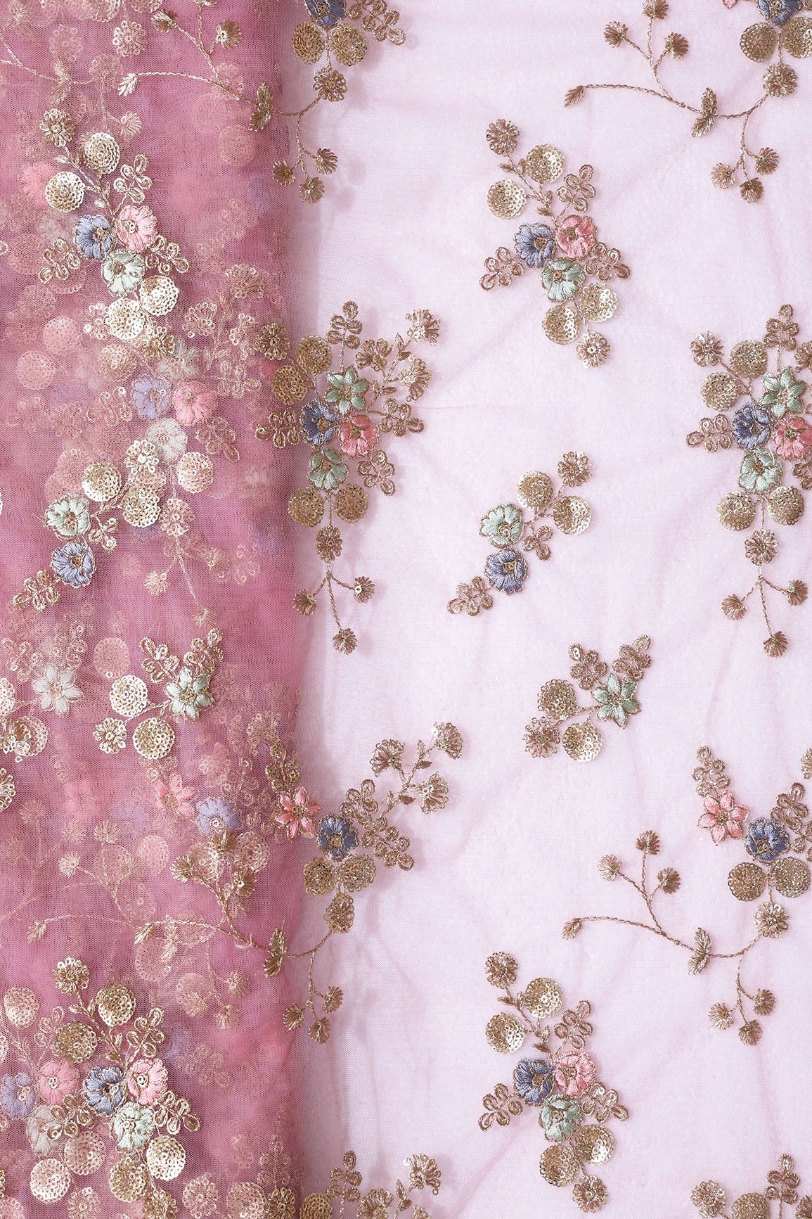 Multi Thread With Gold Sequins Floral Embroidery On Baby Pink Soft Net Fabric - doeraa