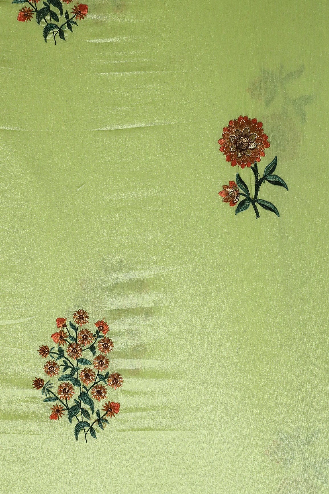 Multi Thread With Gold Sequins Floral Embroidery Work On Parrot Green Chinnon Chiffon Fabric - doeraa