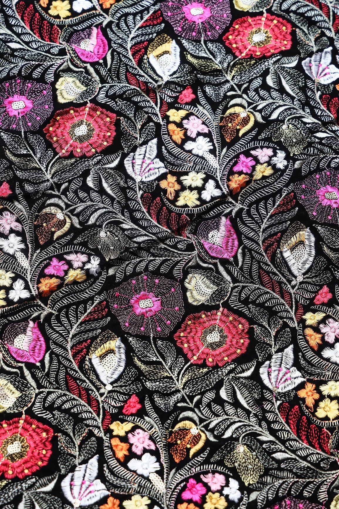 Multi Thread With Gold Sequins Floral Heavy Embroidery Work On Black Velvet Fabric - doeraa