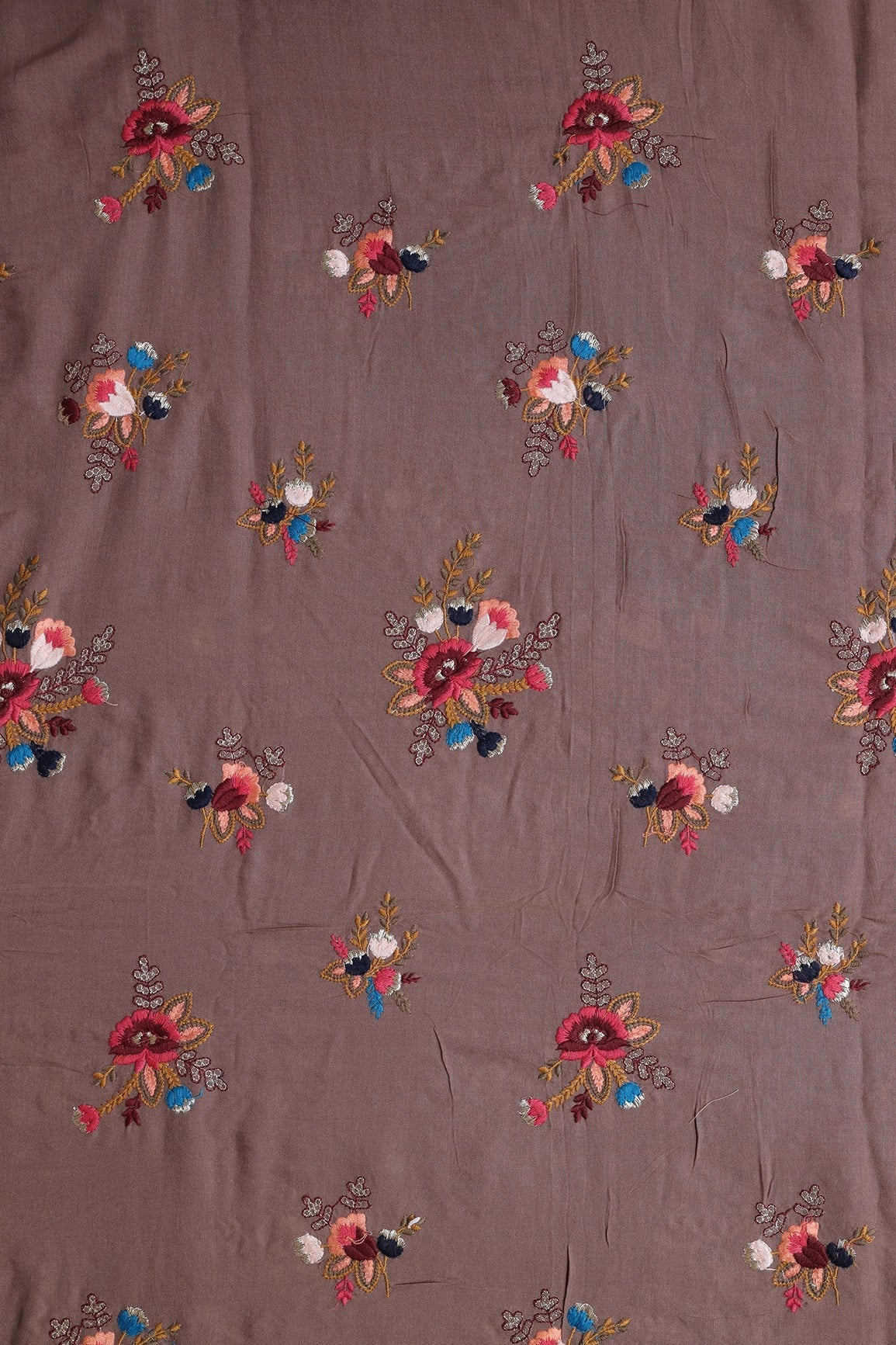 Multi Thread With Gold Zari Floral Embroidery On Brown Muslin Silk Fabric - doeraa