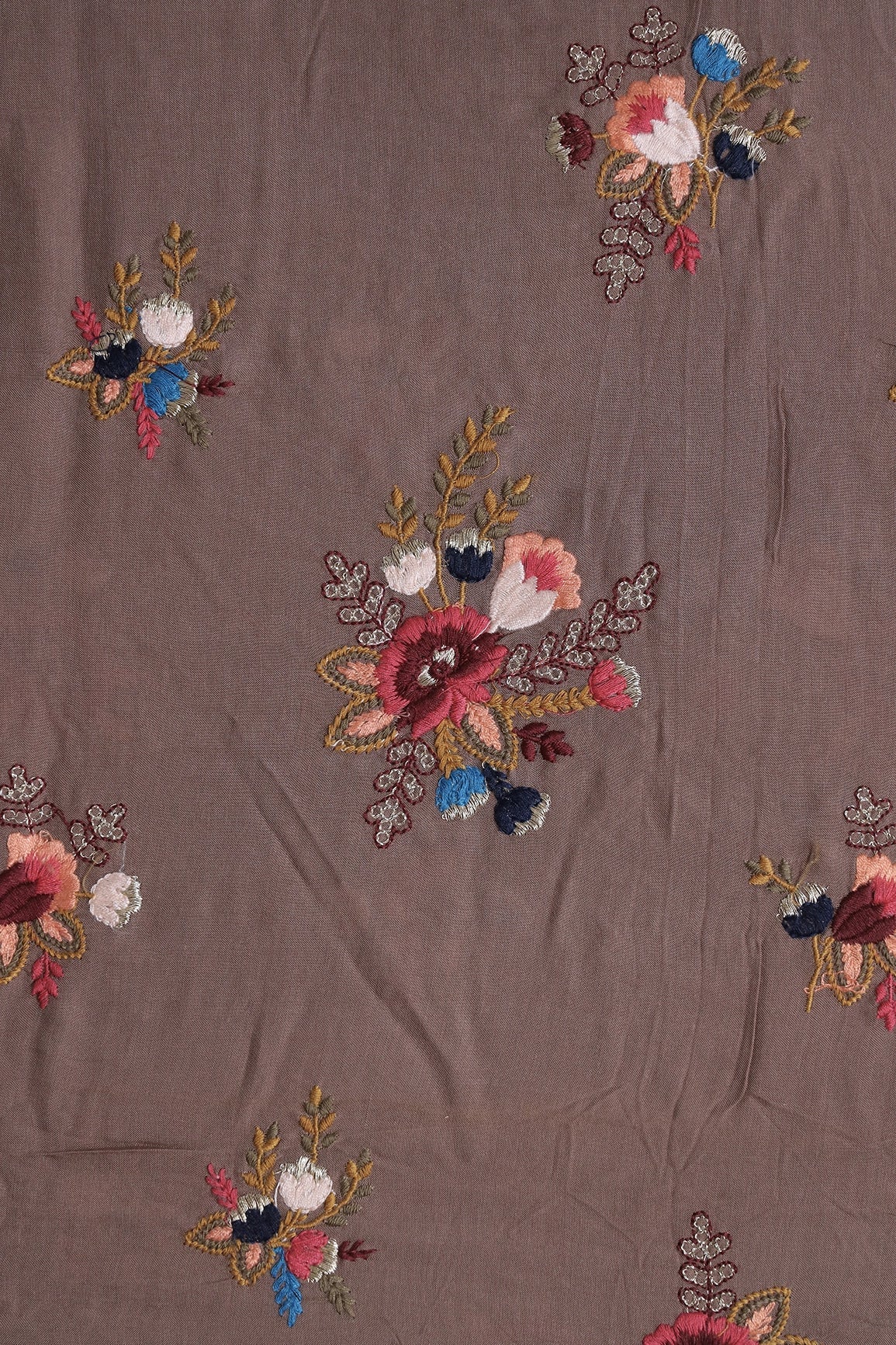 Multi Thread With Gold Zari Floral Embroidery On Brown Muslin Silk Fabric - doeraa