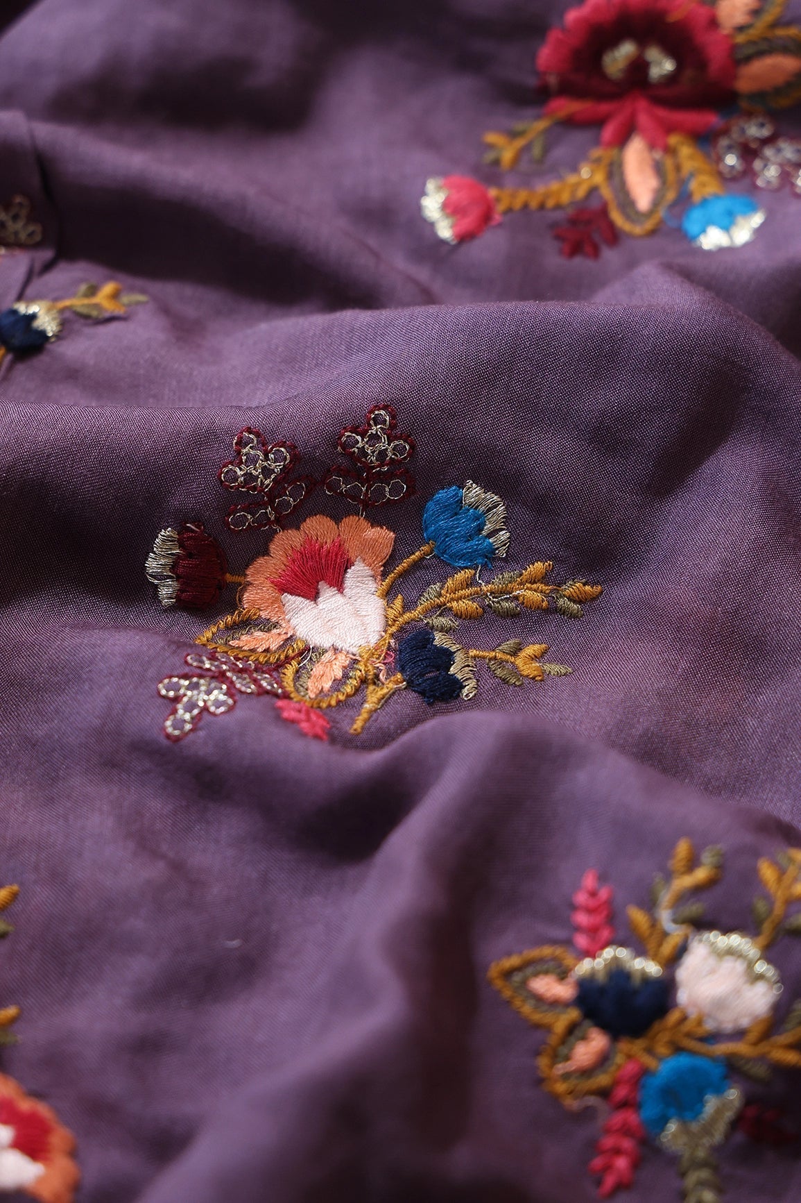 Multi Thread With Gold Zari Floral Embroidery On Purple Muslin Silk Fabric - doeraa
