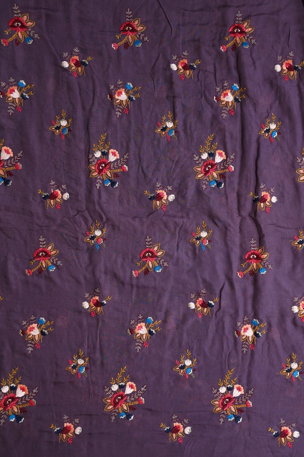 Multi Thread With Gold Zari Floral Embroidery On Purple Muslin Silk Fabric - doeraa