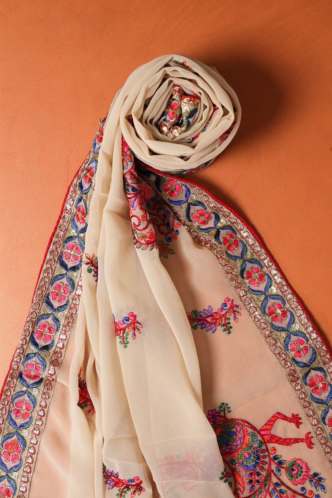 Multi Thread With Gold Zari Floral Embroidery Work On Beige Georgette Dupatta With Border - doeraa