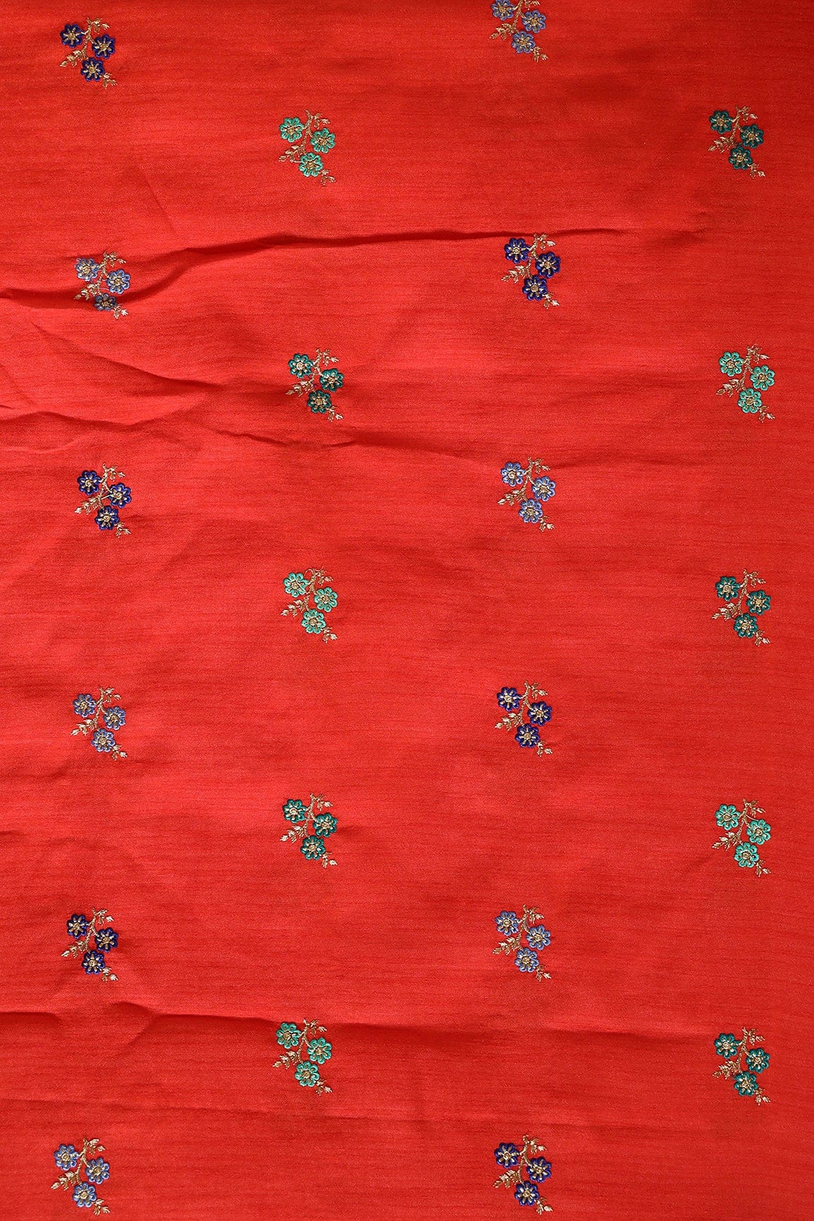 Multi Thread With Gold Zari Small Floral Embroidery Work On Orange Banglori Satin Fabric - doeraa