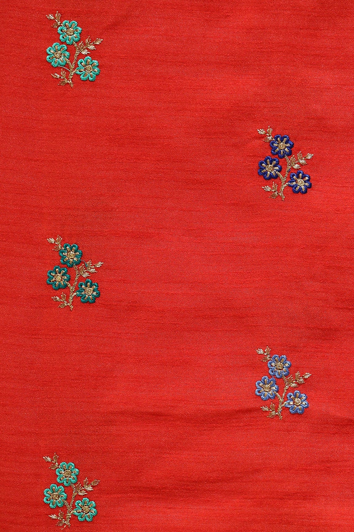 Multi Thread With Gold Zari Small Floral Embroidery Work On Orange Banglori Satin Fabric - doeraa