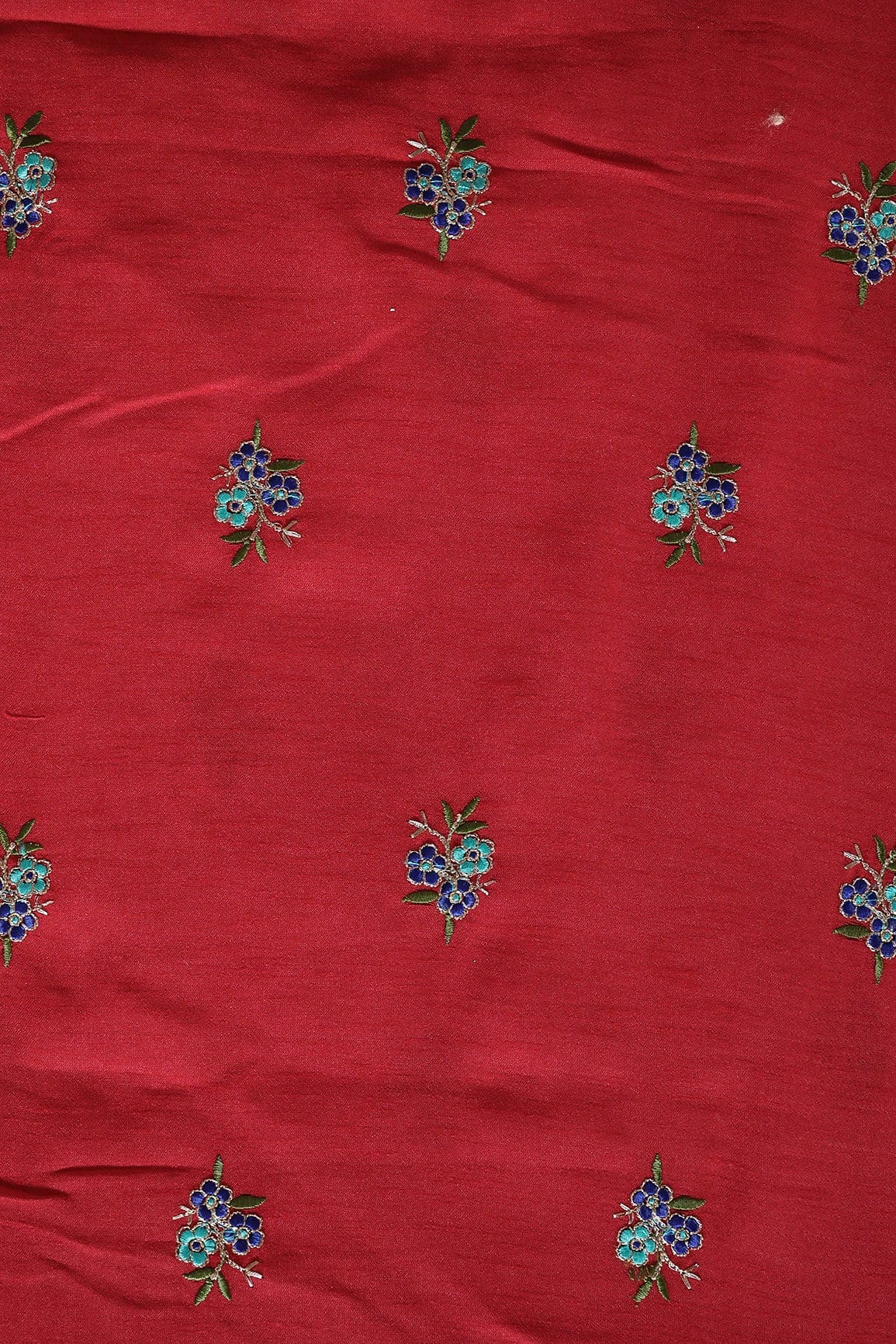 Multi Thread With Gold Zari Small Floral Embroidery Work On Red Banglori Satin Fabric - doeraa