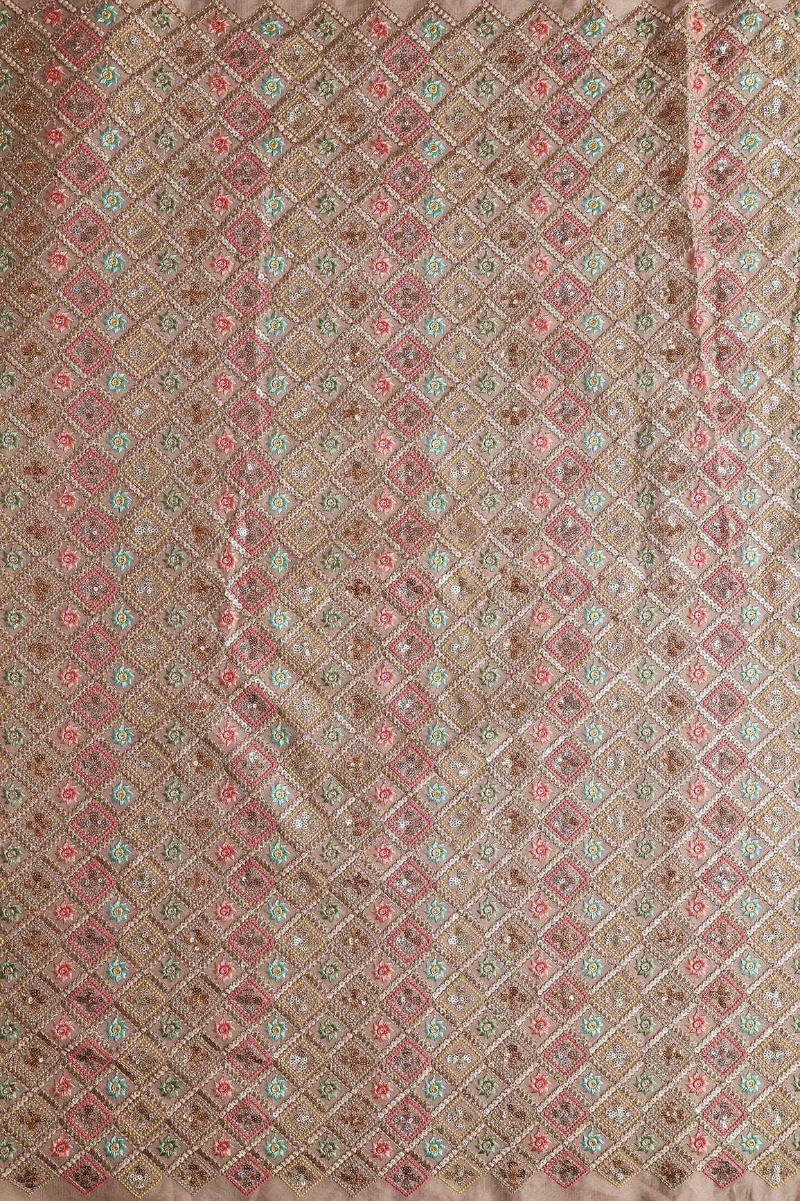 Multi Thread With Sequins Checks Embroidery On Beige Viscose Georgette Fabric - doeraa