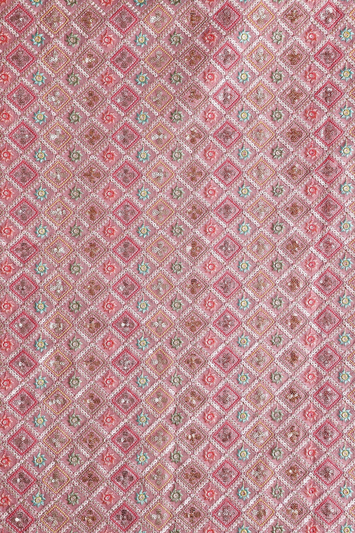 Multi Thread With Sequins Checks Embroidery On Gajri Pink Viscose Georgette Fabric - doeraa