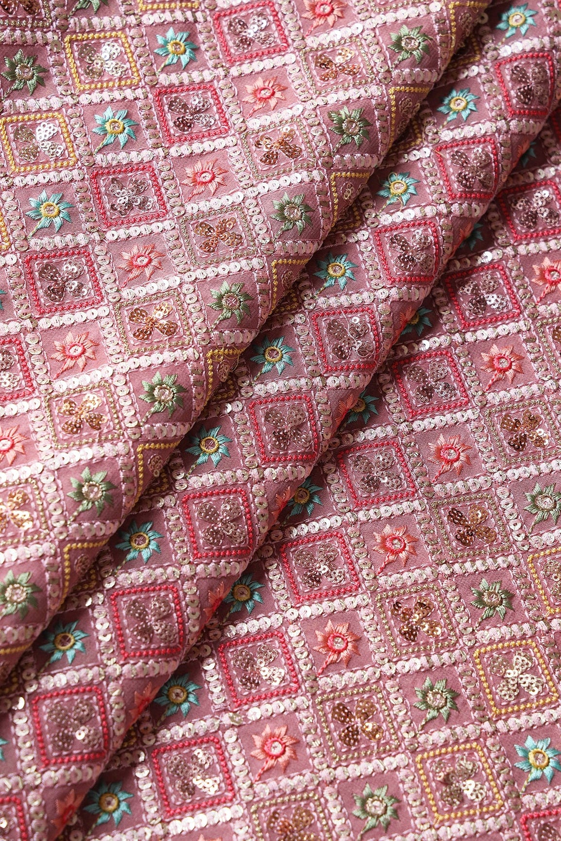 Multi Thread With Sequins Checks Embroidery On Gajri Pink Viscose Georgette Fabric - doeraa