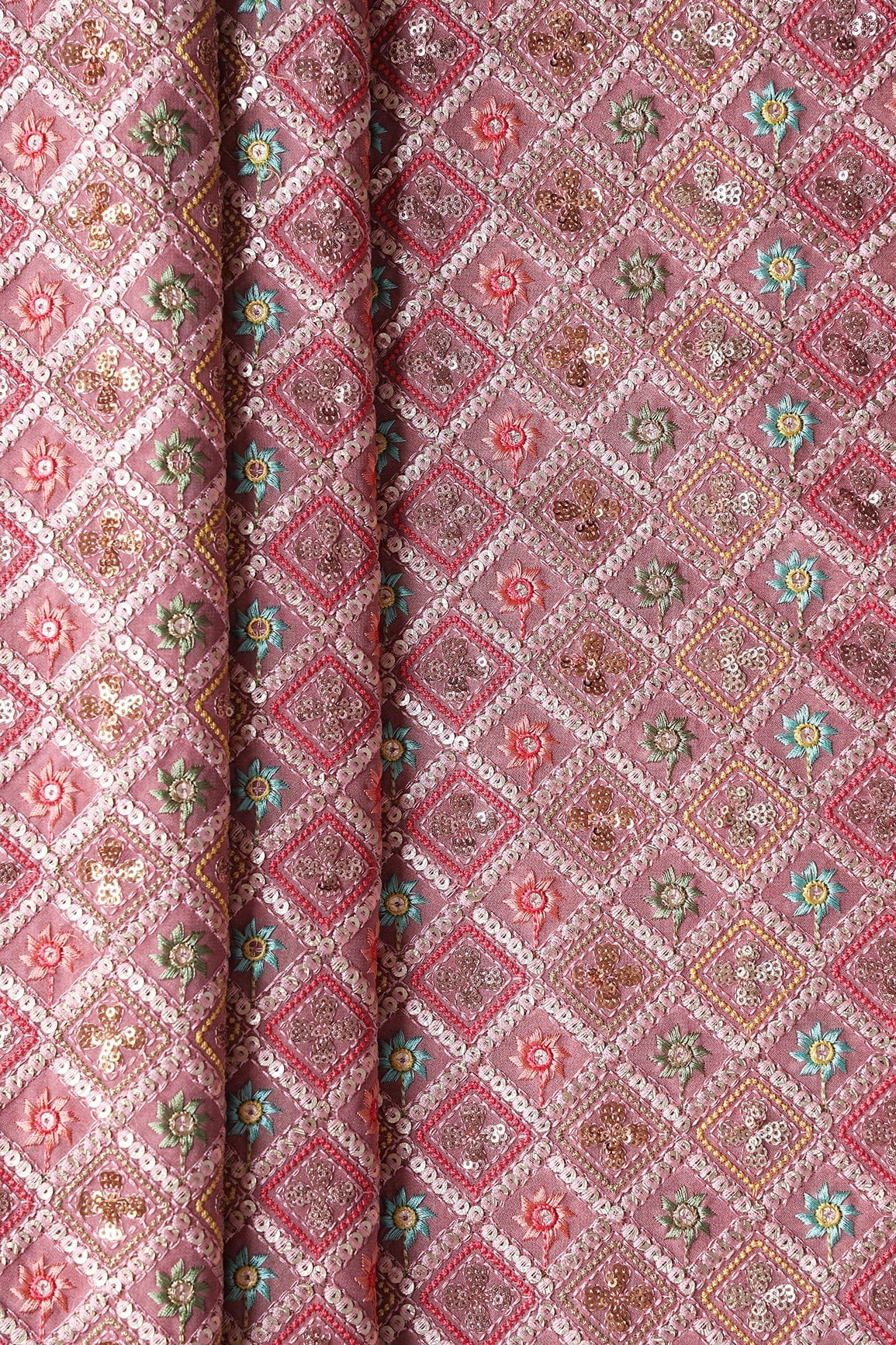 Multi Thread With Sequins Checks Embroidery On Gajri Pink Viscose Georgette Fabric - doeraa