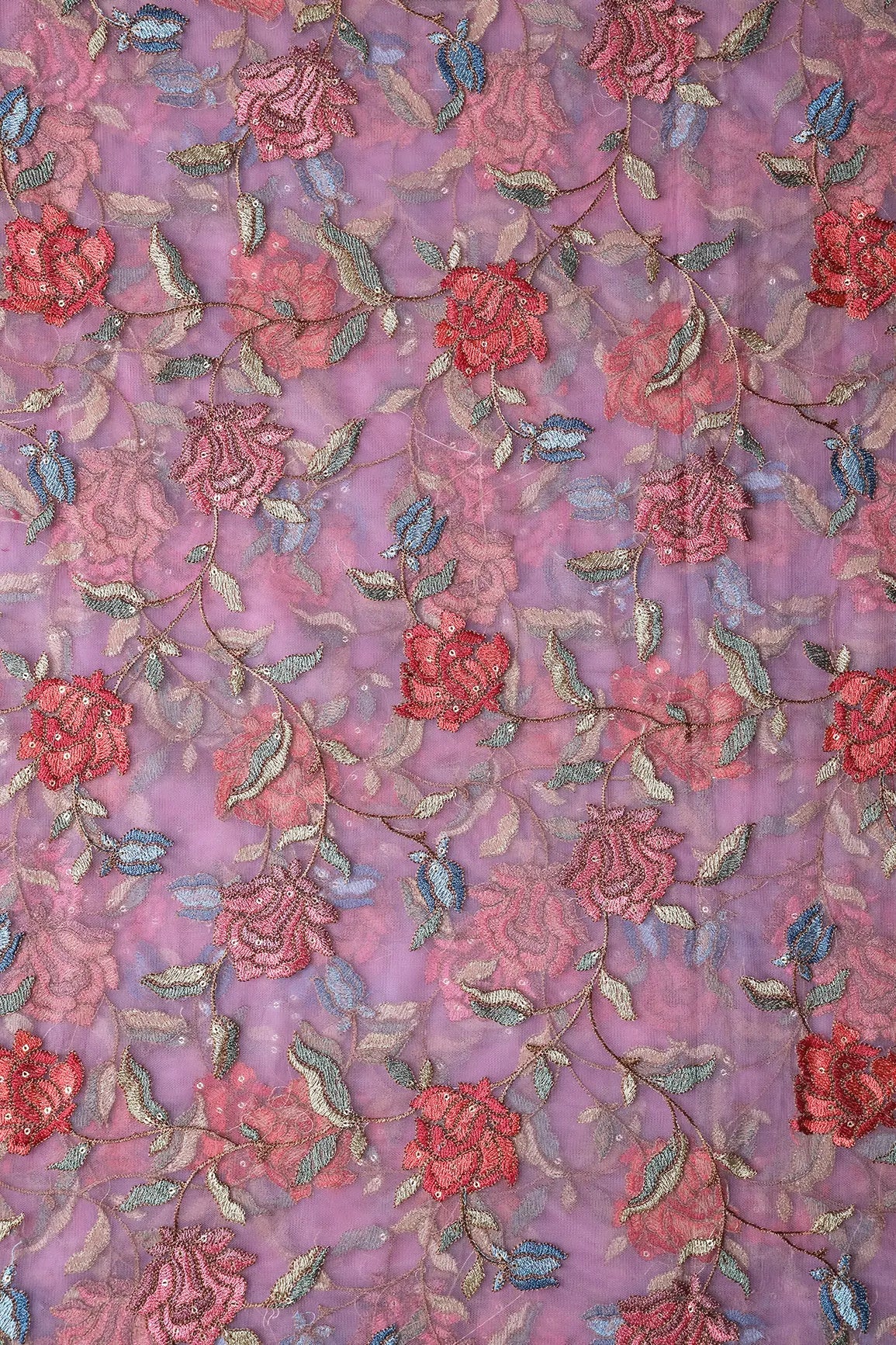 Multi Thread With Sequins Floral Embroidery Work On Lilac Soft Net Fabric - doeraa