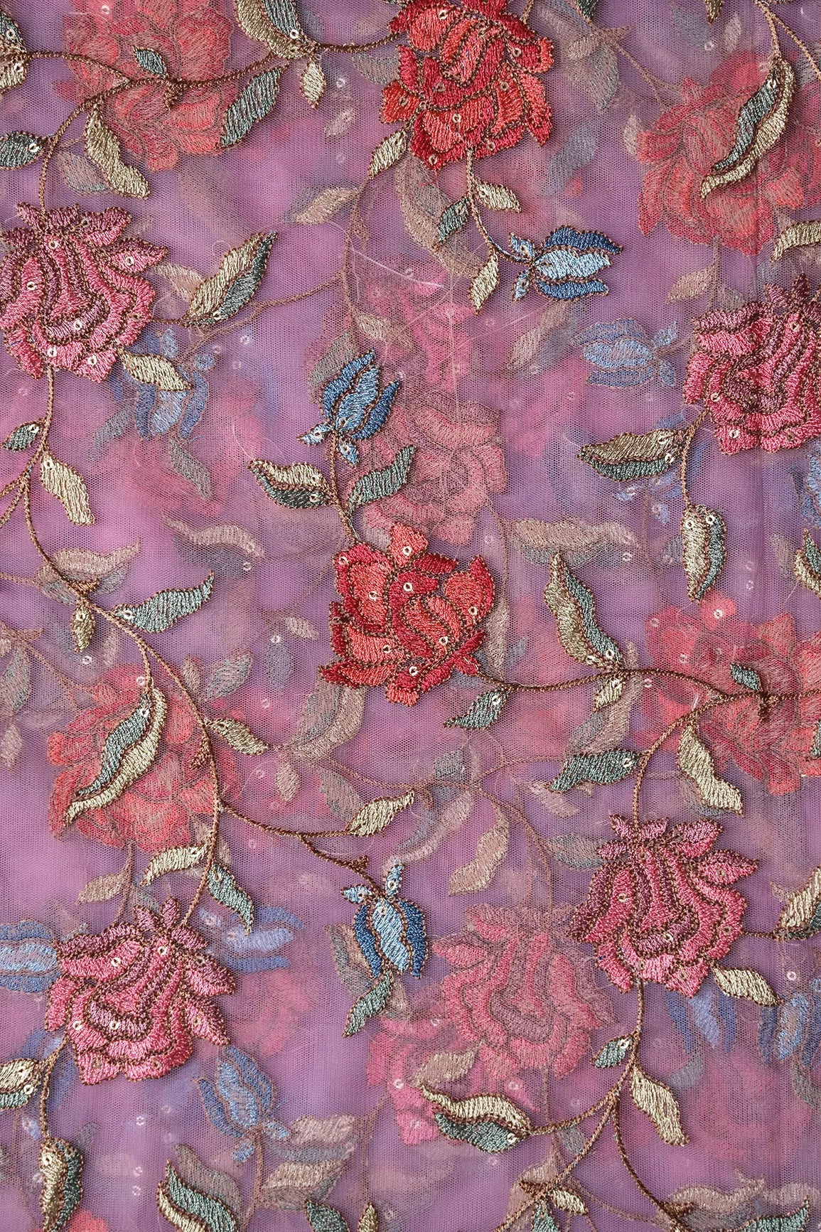 Multi Thread With Sequins Floral Embroidery Work On Lilac Soft Net Fabric - doeraa