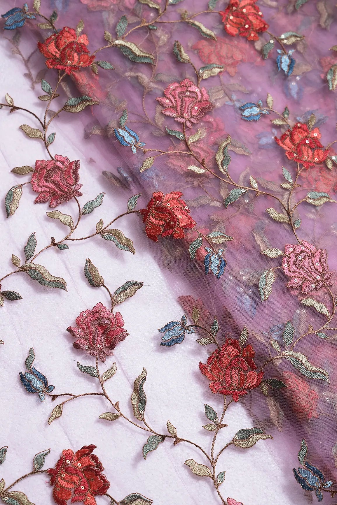 Multi Thread With Sequins Floral Embroidery Work On Lilac Soft Net Fabric - doeraa