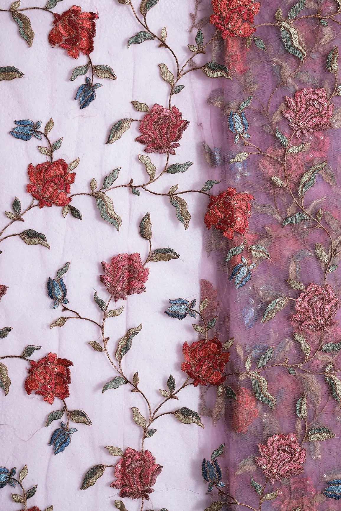 Multi Thread With Sequins Floral Embroidery Work On Lilac Soft Net Fabric - doeraa
