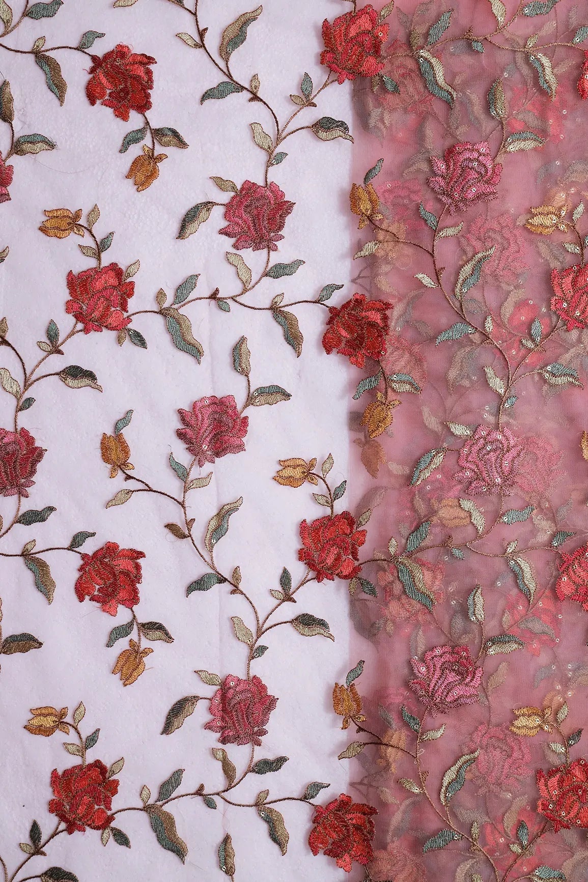 Multi Thread With Sequins Floral Embroidery Work On Pink Soft Net Fabric - doeraa