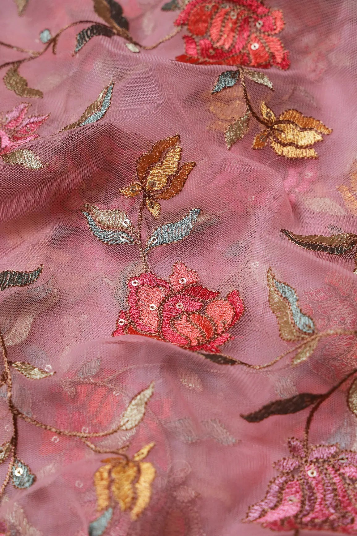 Multi Thread With Sequins Floral Embroidery Work On Pink Soft Net Fabric - doeraa