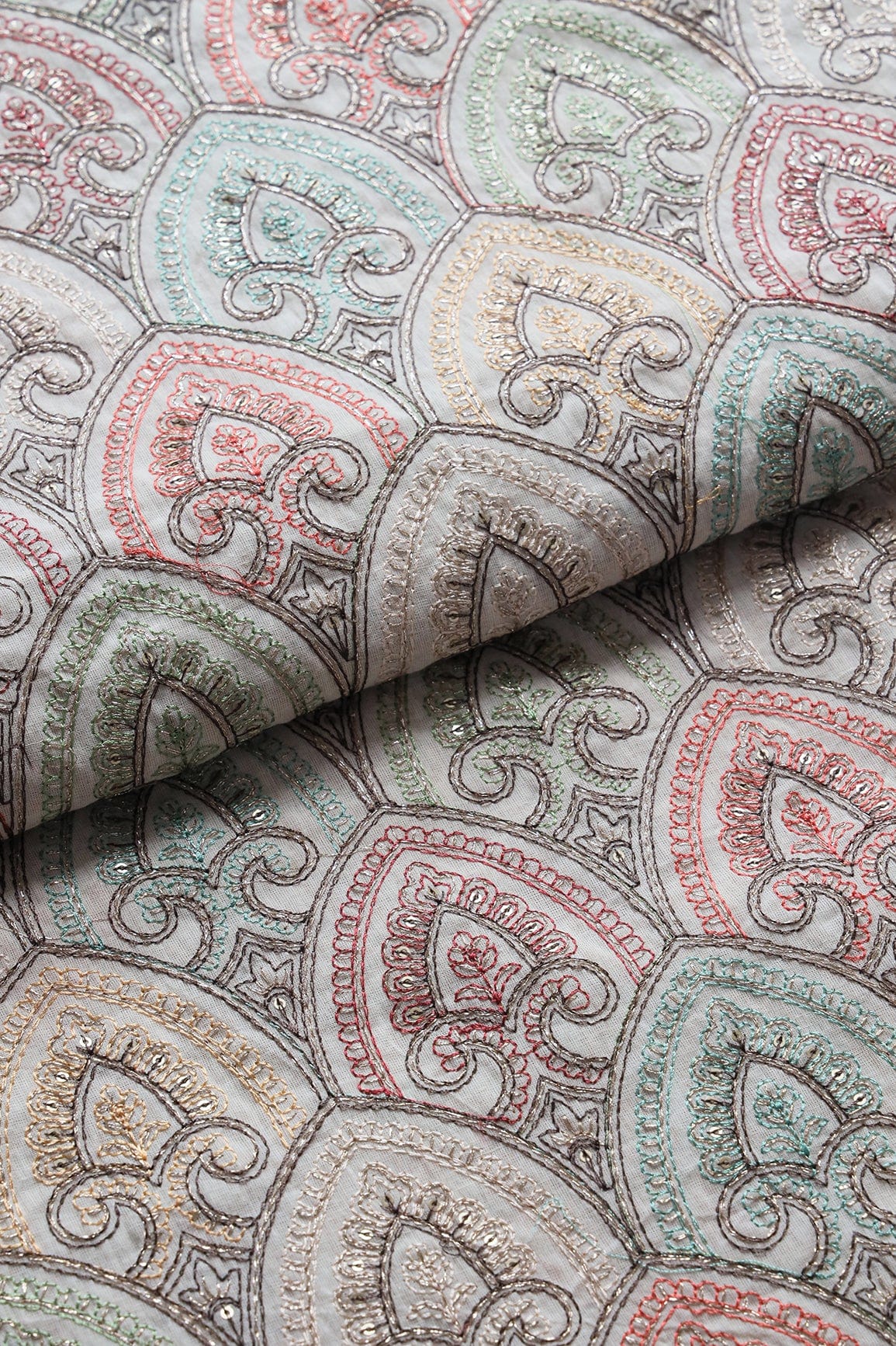 Multi Thread With Zari And Gold Sequins Trellis Embroidery On Off White Organic Cotton Fabric - doeraa