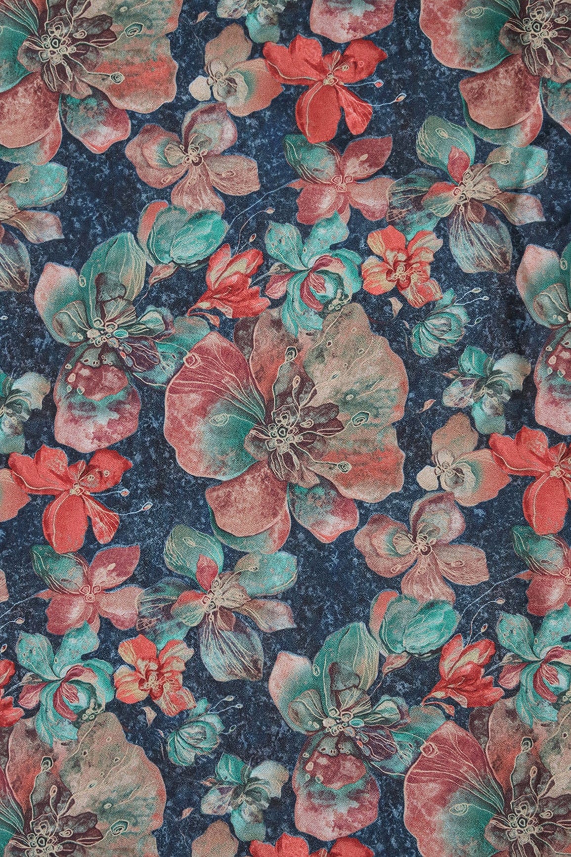 Multicolor Floral Pattern Digital Print On Prussian Blue French Crepe Fabric - doeraa