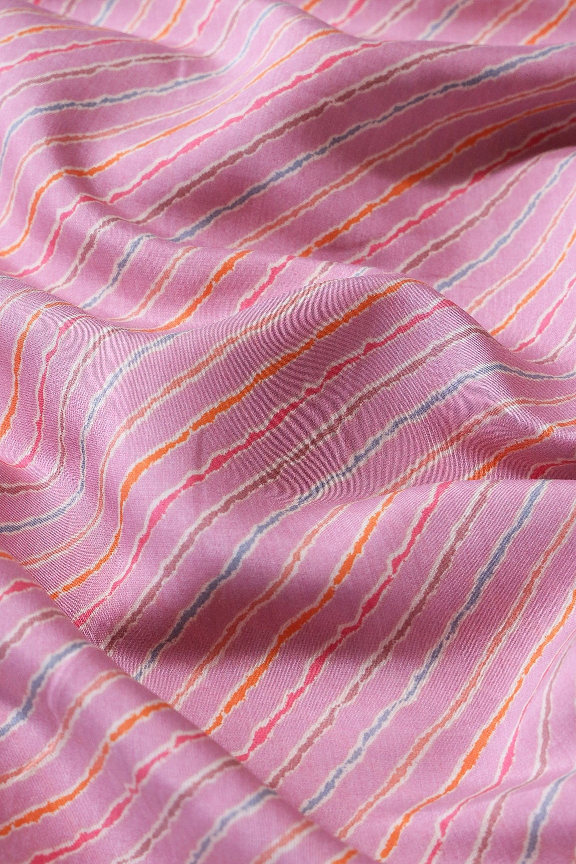 Multicolor Stripes Print On Lavender Pink Viscose Chanderi Silk Fabric - doeraa