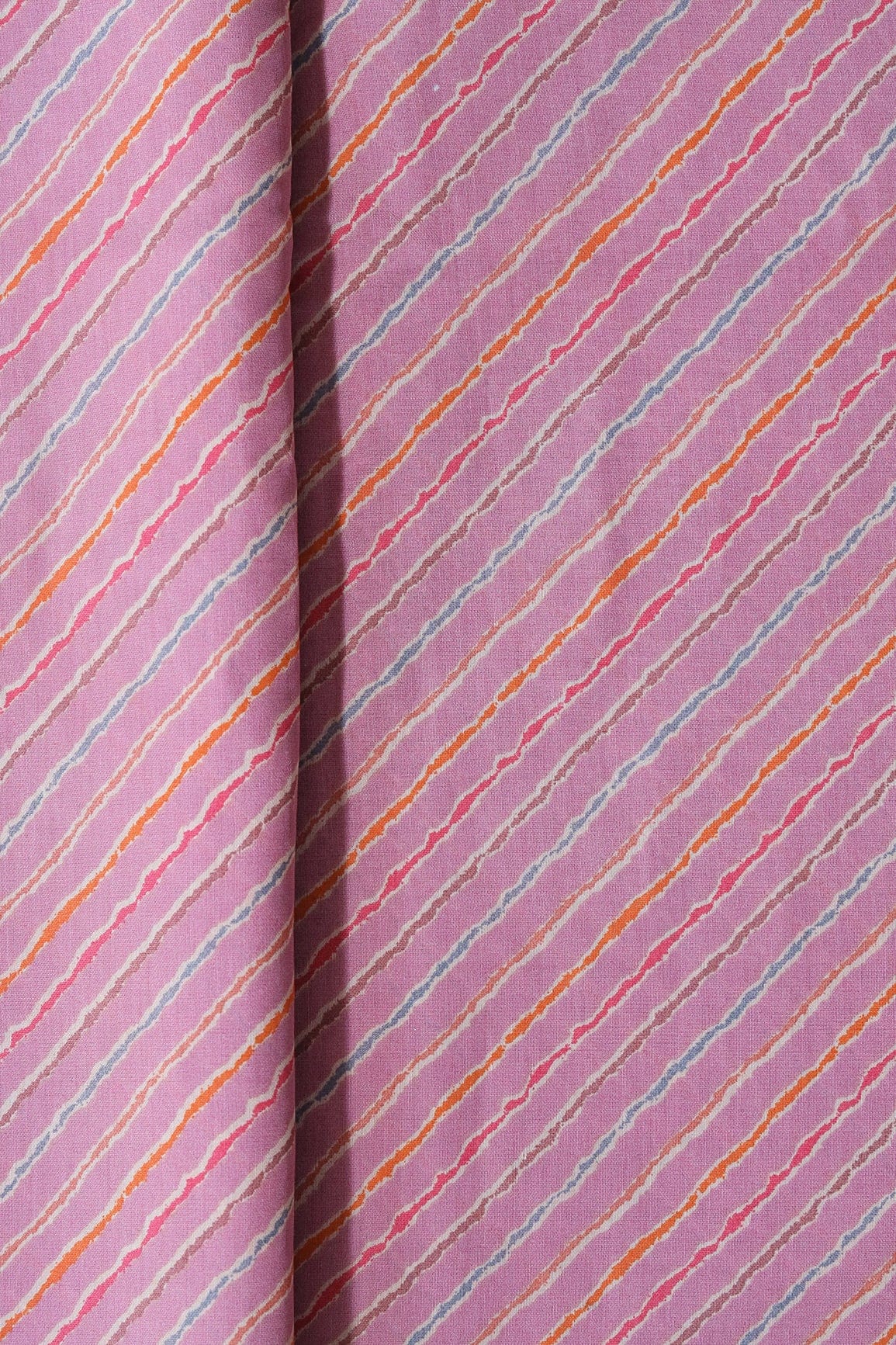 Multicolor Stripes Print On Lavender Pink Viscose Chanderi Silk Fabric - doeraa