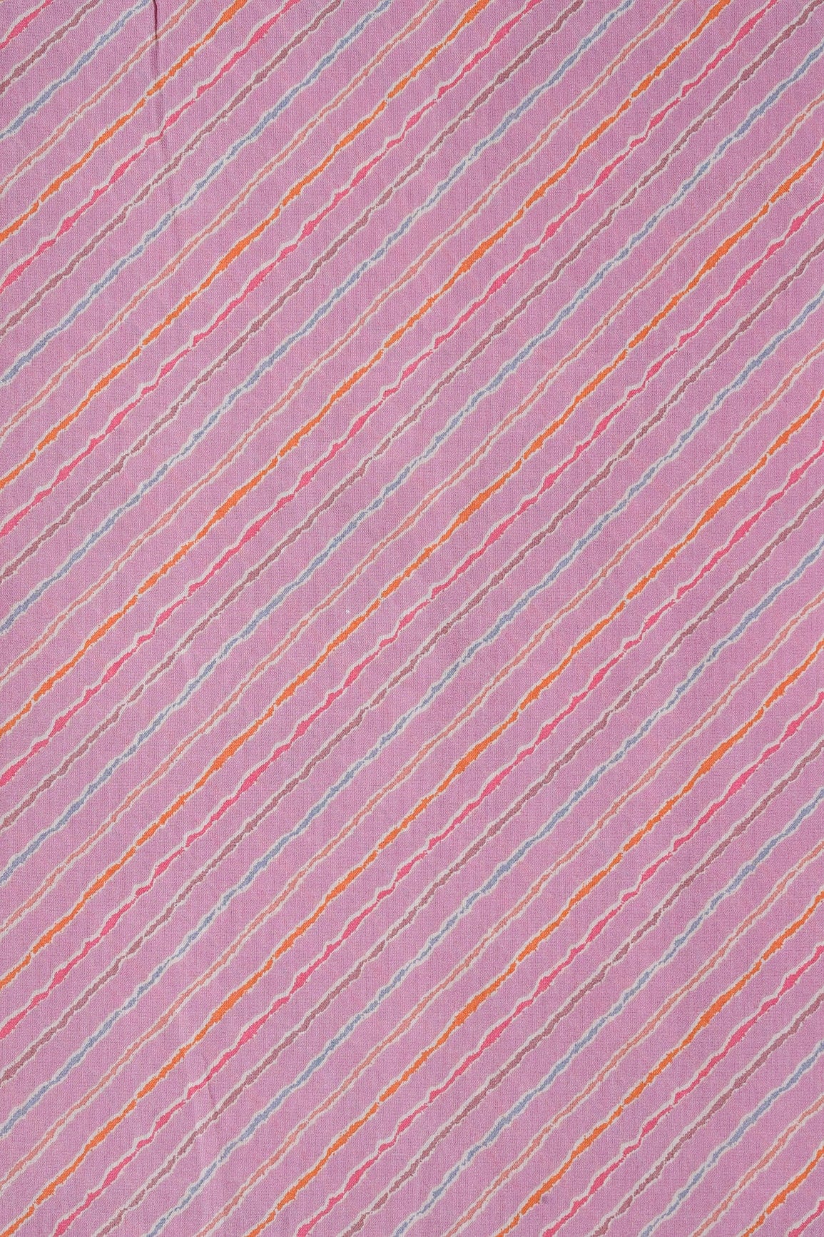 Multicolor Stripes Print On Lavender Pink Viscose Chanderi Silk Fabric - doeraa