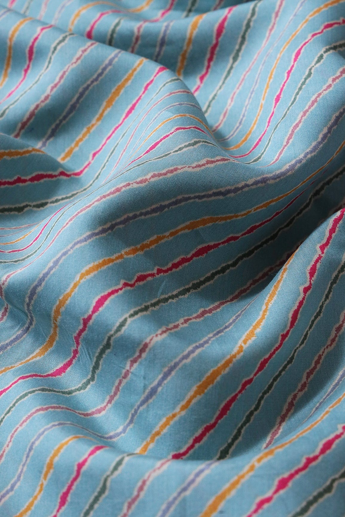 Multicolor Stripes Print On Sky blue Viscose Chanderi Silk Fabric - doeraa