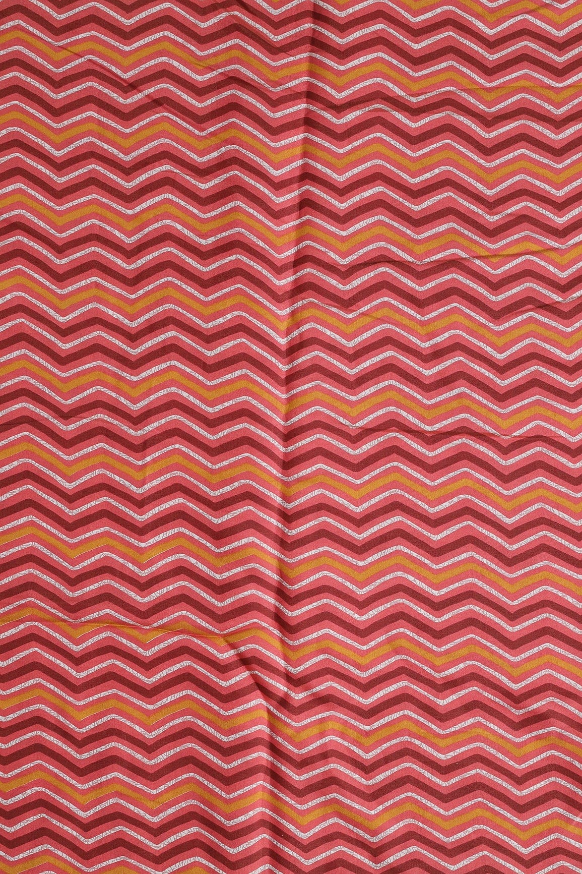 Mustard And Off White Chevron Print On Pink Viscose Chanderi Silk Fabric - doeraa