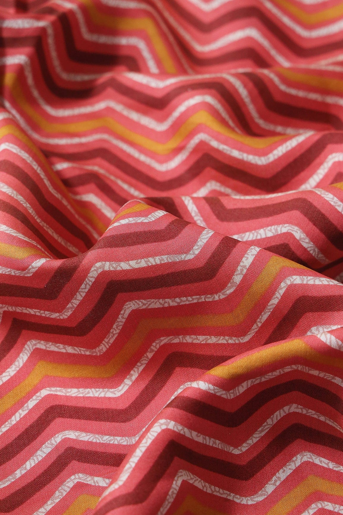 Mustard And Off White Chevron Print On Pink Viscose Chanderi Silk Fabric - doeraa