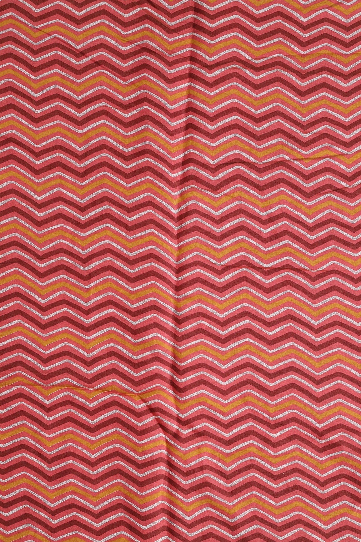 Mustard And Off White Chevron Print On Pink Viscose Chanderi Silk Fabric - doeraa