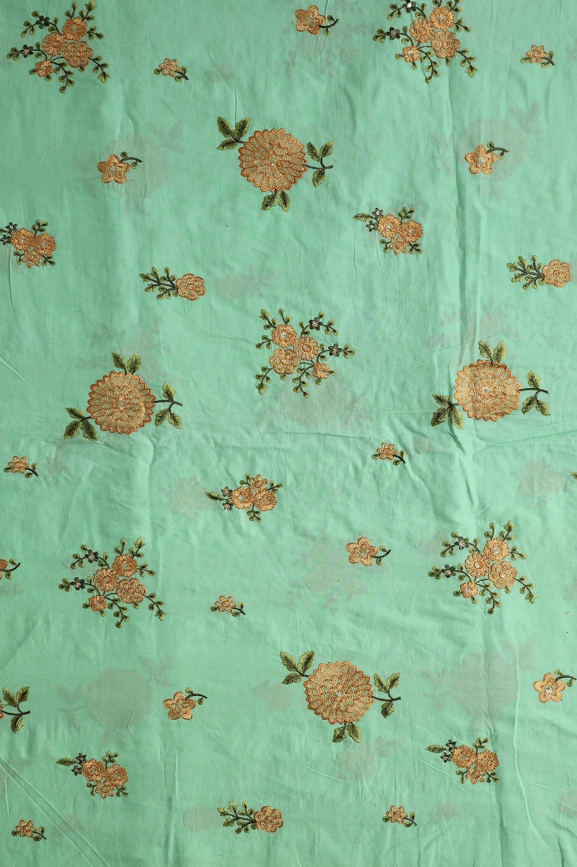 Mustard And Olive Thread Small Floral Embroidery Work On Sea Green Organic Cotton Fabric - doeraa
