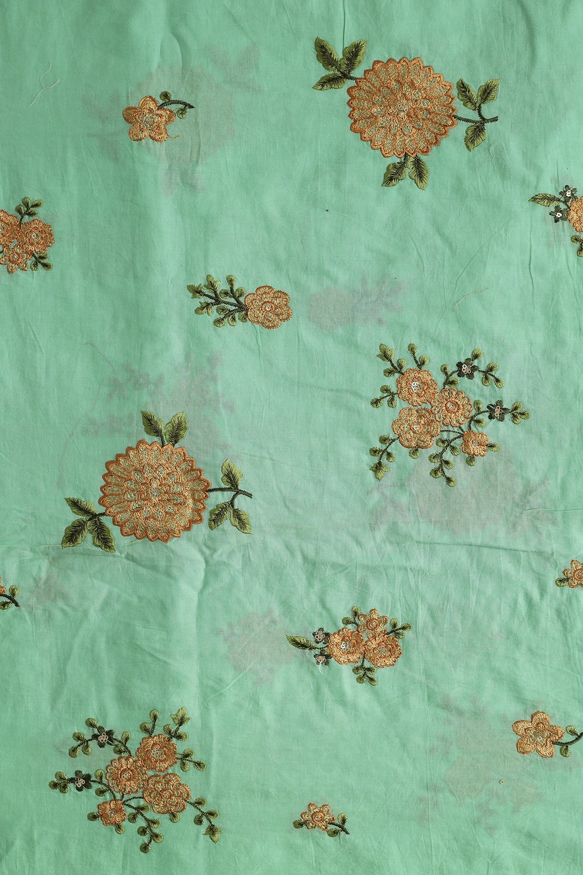 Mustard And Olive Thread Small Floral Embroidery Work On Sea Green Organic Cotton Fabric - doeraa
