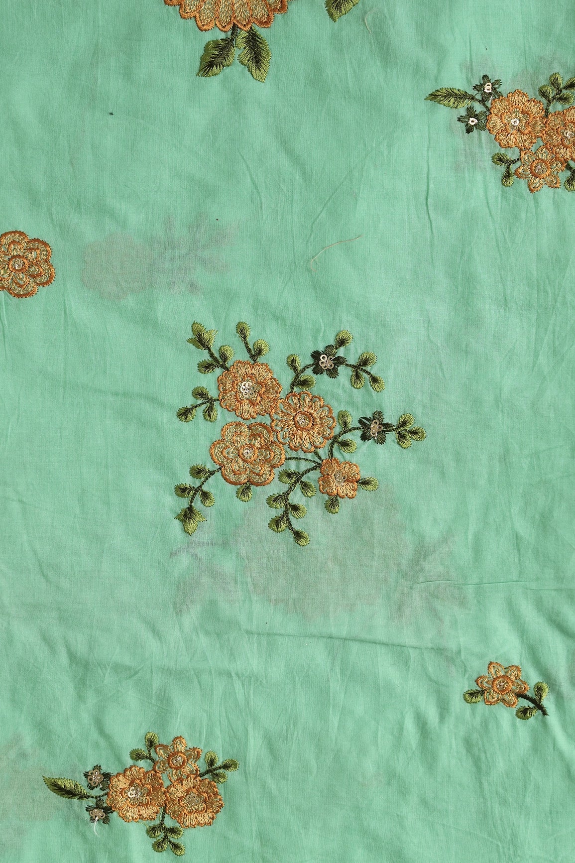 Mustard And Olive Thread Small Floral Embroidery Work On Sea Green Organic Cotton Fabric - doeraa