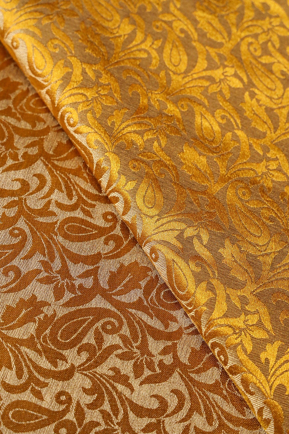 Mustard Paisley Silk Satin Jute Banarasi Jacquard Fabric - doeraa