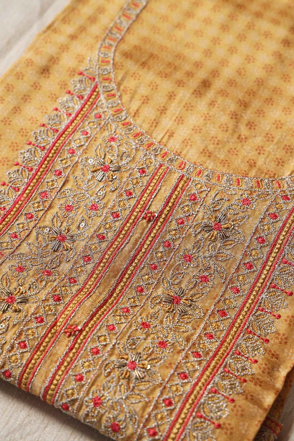 Mustard Semi Stitched Pure Dola Silk Suit Set (3 piece) - doeraa