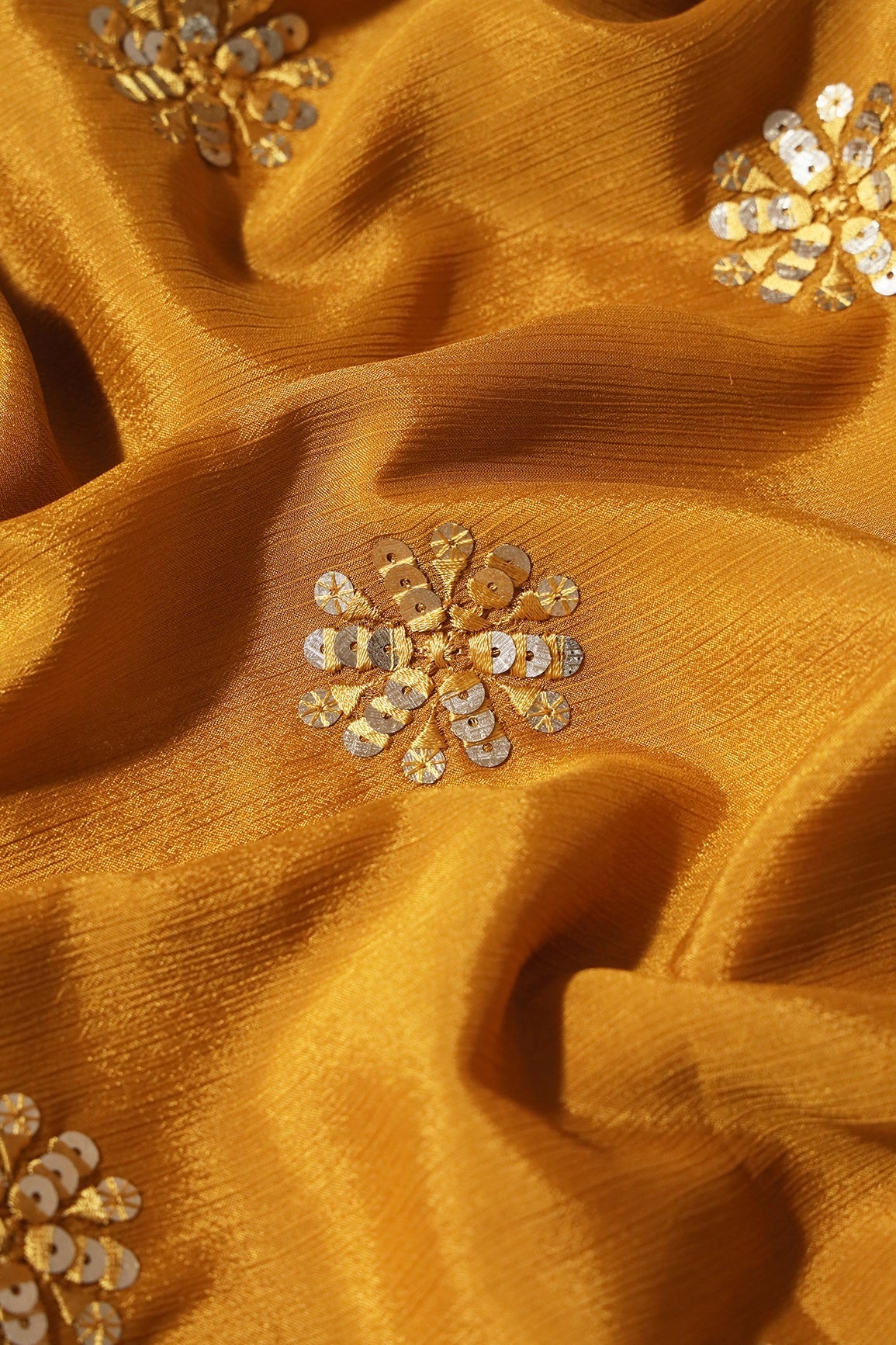 Mustard Thread With Gold Sequins Floral Butta Embroidery Work On Mustard Chinnon Chiffon Fabric - doeraa