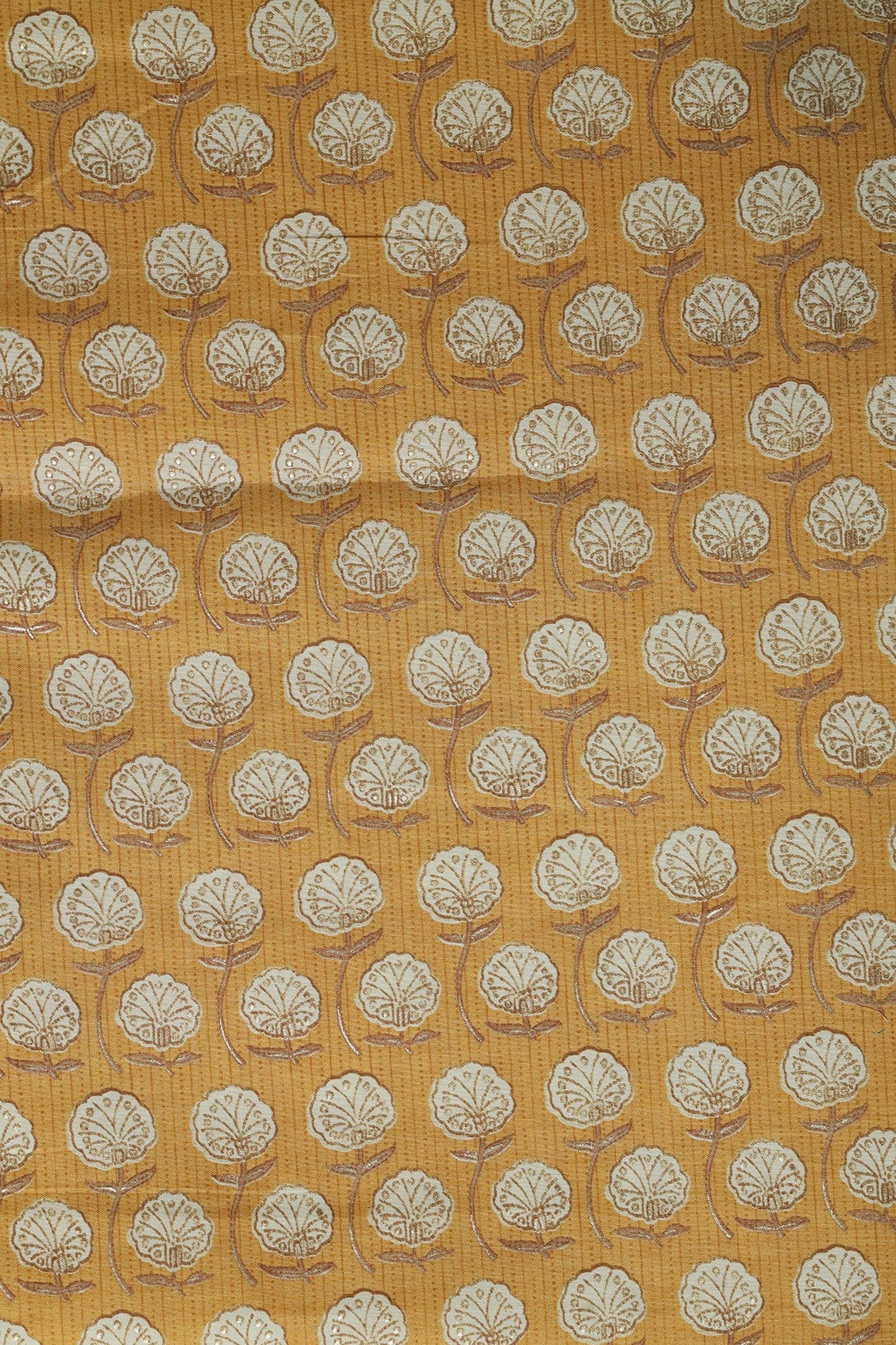 Mustard Yellow And Cream Floral Foil Print On Viscose Chanderi Silk Fabric - doeraa