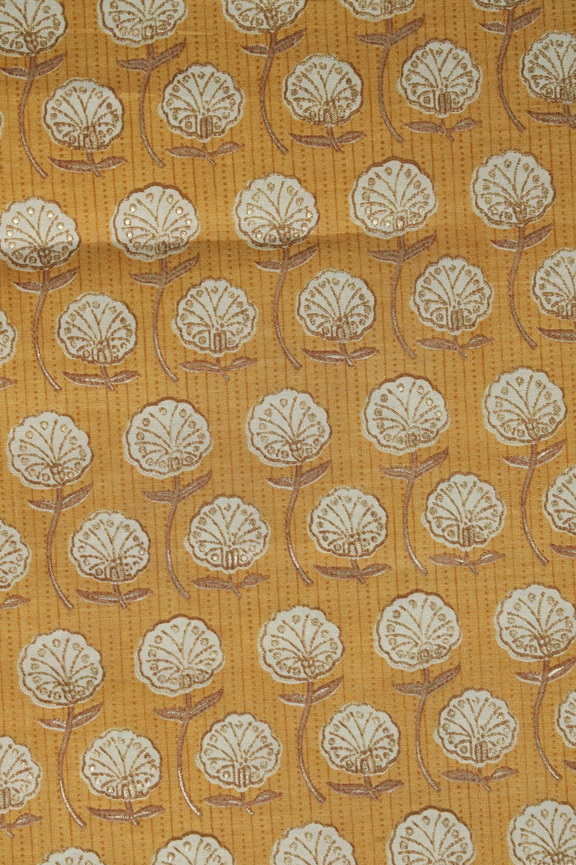 Mustard Yellow And Cream Floral Foil Print On Viscose Chanderi Silk Fabric - doeraa