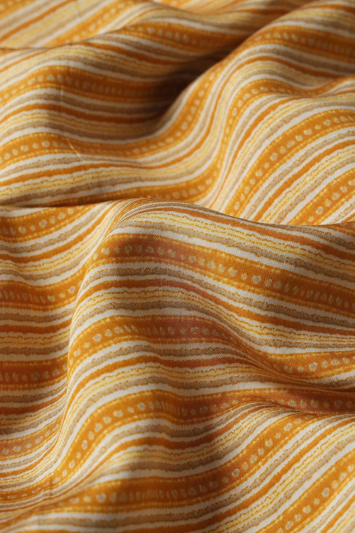 Mustard Yellow And Cream Stripes Print On Viscose Chanderi Silk Fabric - doeraa