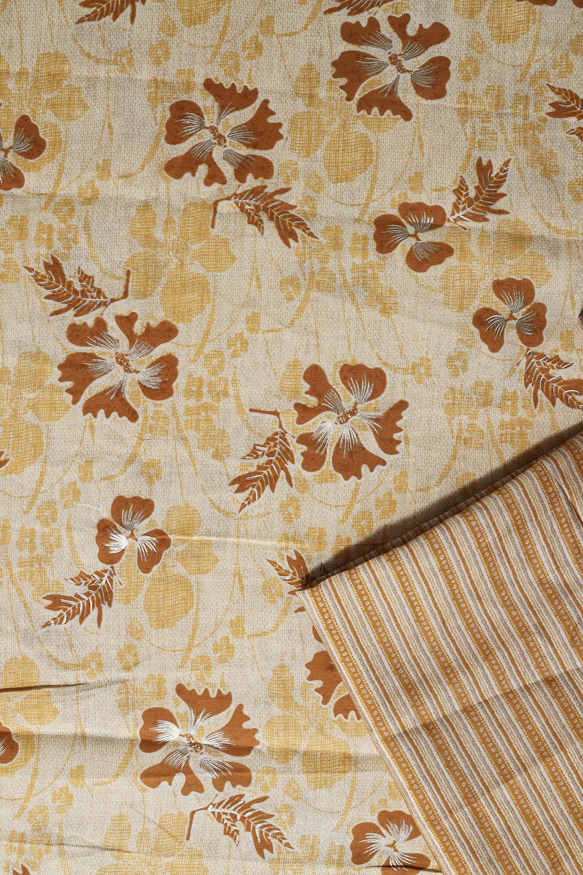 Mustard Yellow And Cream Viscose Chanderi Silk Unstitched Suit (2 Piece) - doeraa