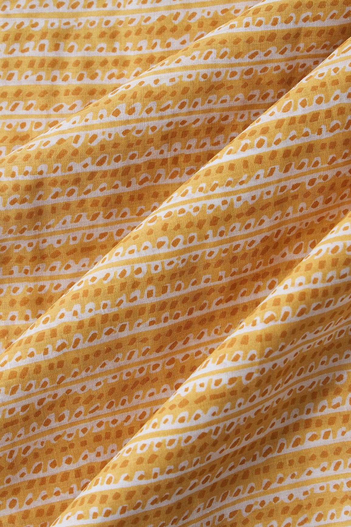 Mustard Yellow And White Stripes Print On Pure Cotton Fabric - doeraa