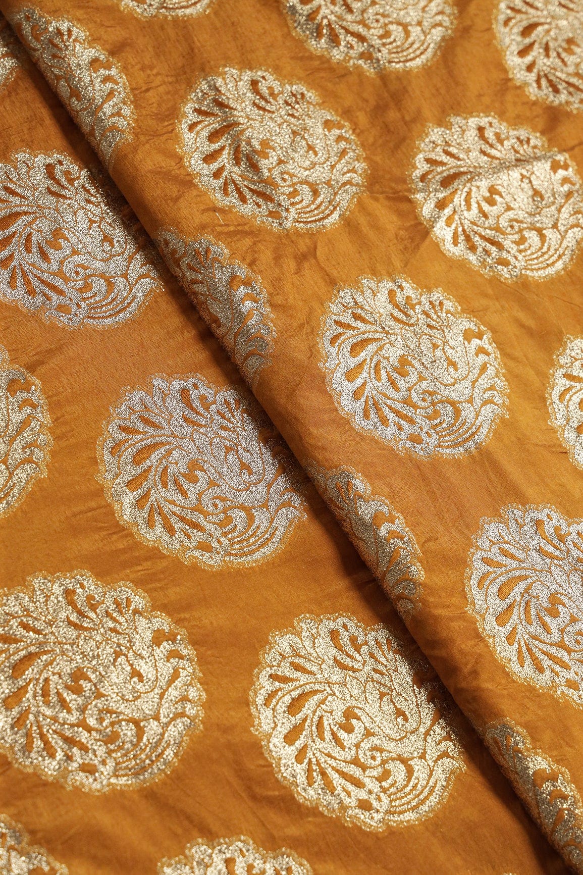 Mustard Yellow Ethnic Butta Silk Gold Zari Banarasi Jacquard Fabric - doeraa