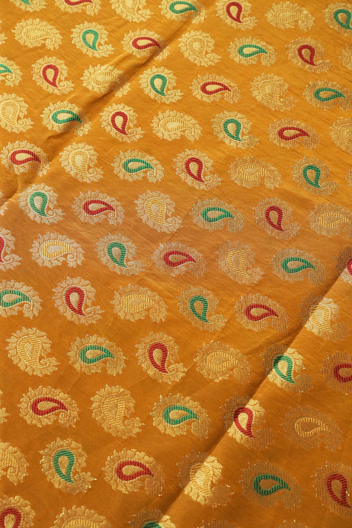 Mustard Yellow Paisley Silk Gold Zari Banarasi Jacquard Fabric - doeraa