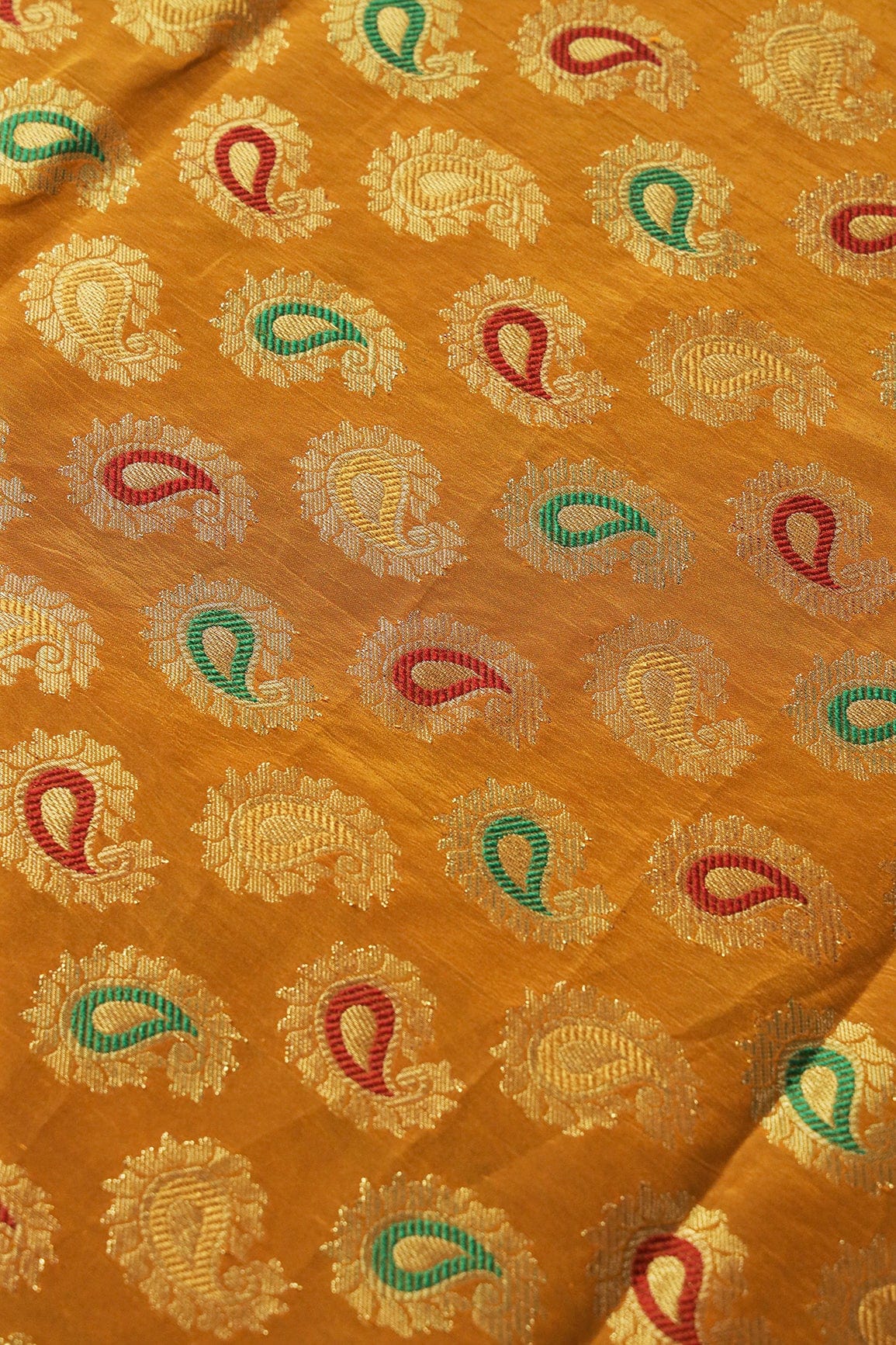 Mustard Yellow Paisley Silk Gold Zari Banarasi Jacquard Fabric - doeraa