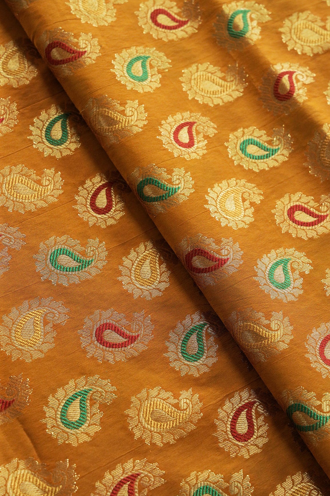 Mustard Yellow Paisley Silk Gold Zari Banarasi Jacquard Fabric - doeraa