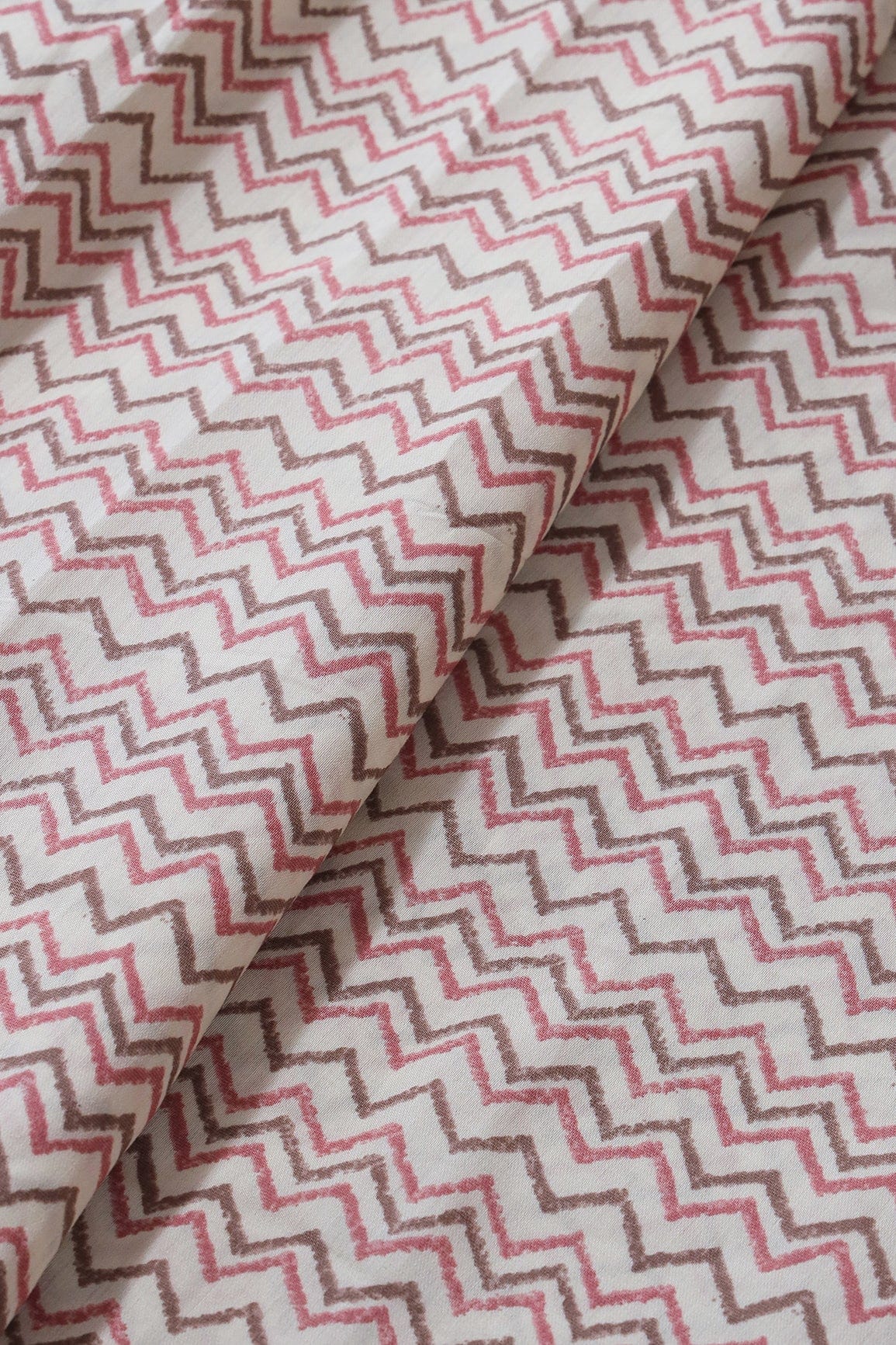 Mystic Pink And Brown Chevron Print On Cream Viscose Chanderi Silk Fabric - doeraa