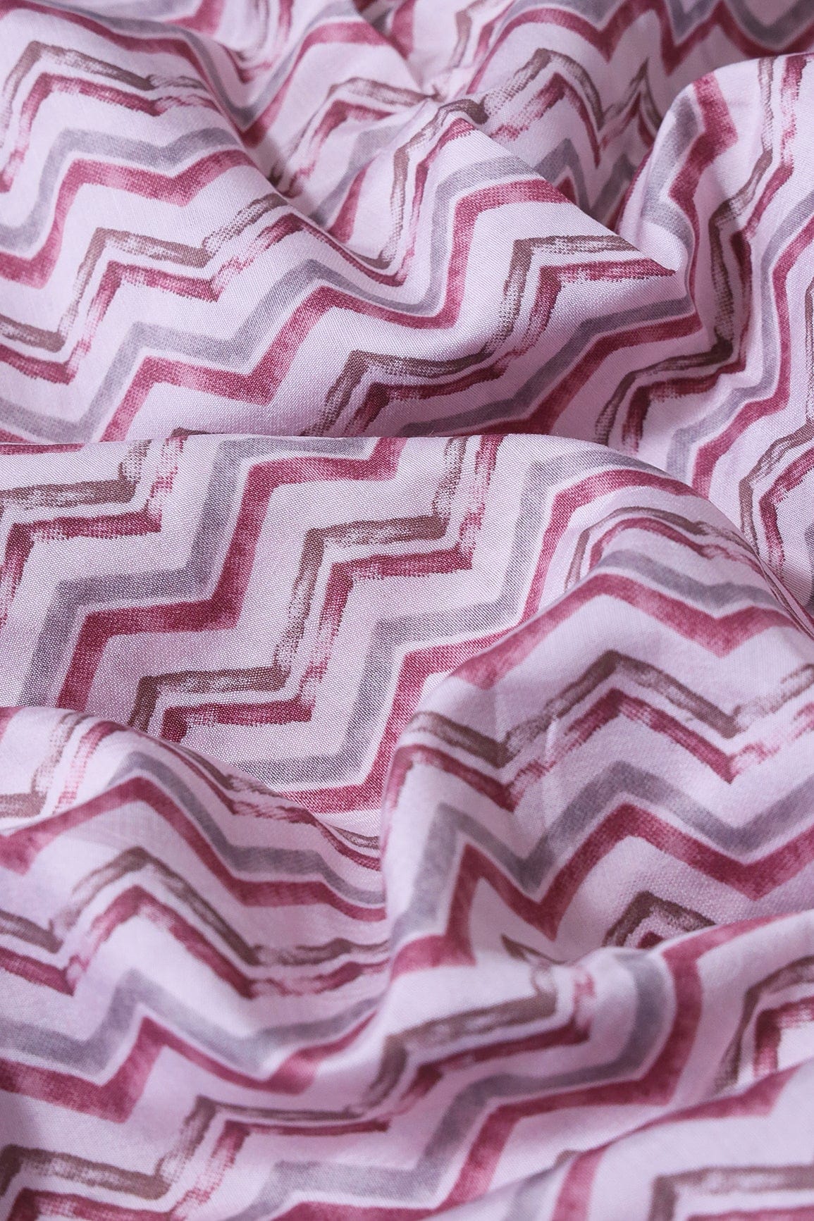 Mystic Pink And Brown Chevron Print On Pastel Pink Viscose Chanderi Silk Fabric - doeraa