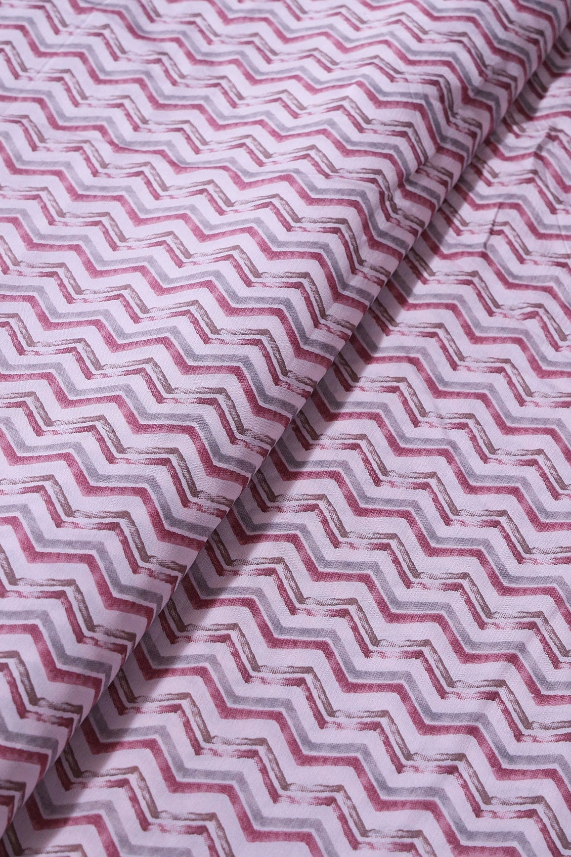 Mystic Pink And Brown Chevron Print On Pastel Pink Viscose Chanderi Silk Fabric - doeraa